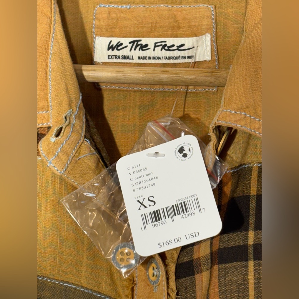Free People Charleston Madras Check Mustard Plaid Button-Up Shirt Size XS - Picture 5 of 11